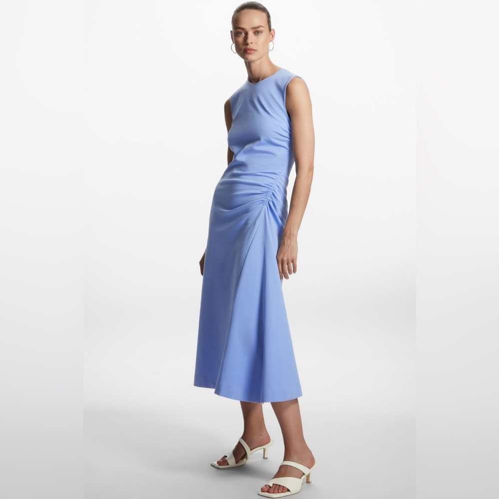COS Gathered MIDI Dress in Light Blue